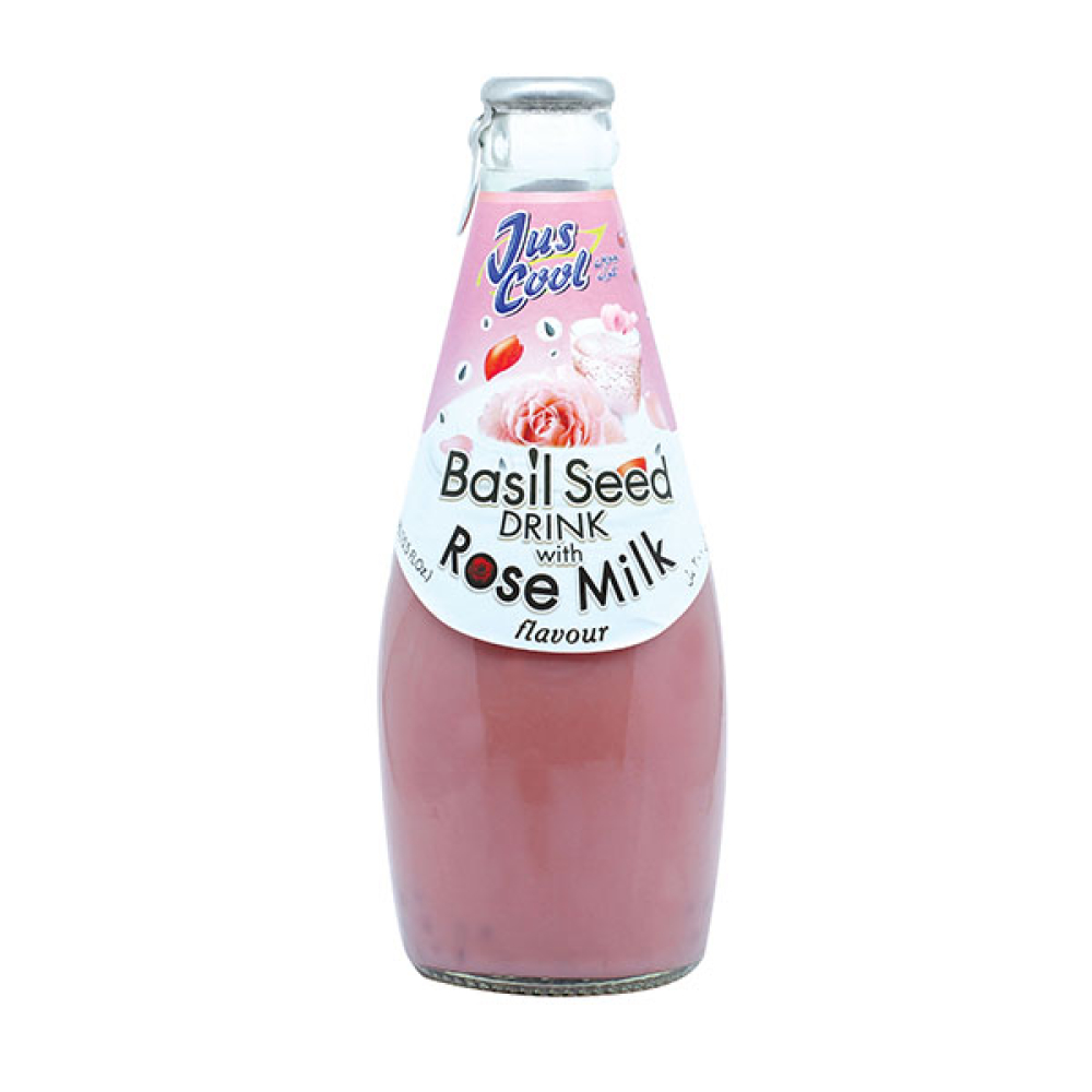 Jus Cool Basil Seed Drink Rose Milk Glass Bottles Top Op Foods