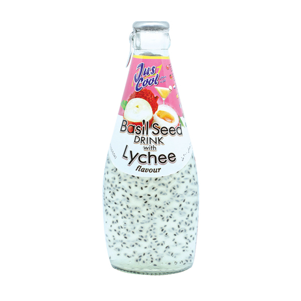Jus Cool Basil Seed Lychee Drink Glass Bottles Top Op Foods